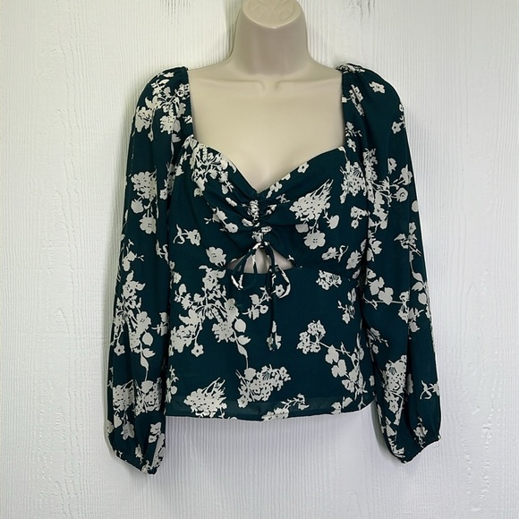 Abercrombie & Fitch - Cinched Dark Green And White Floral Long Sleeve Blouse Med - Picture 2 of 12